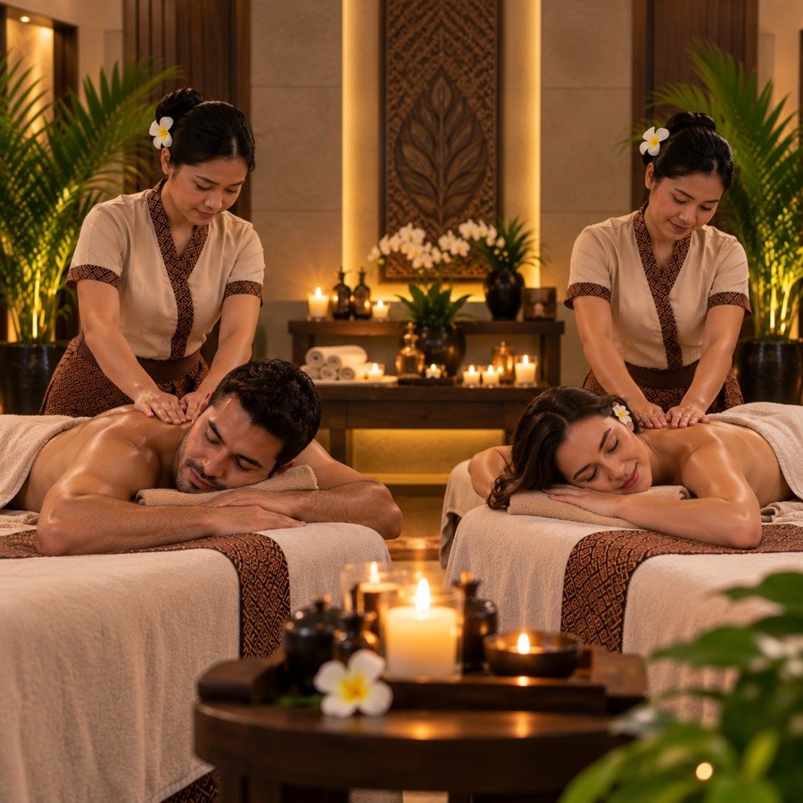 Couple receiving side-by-side massages