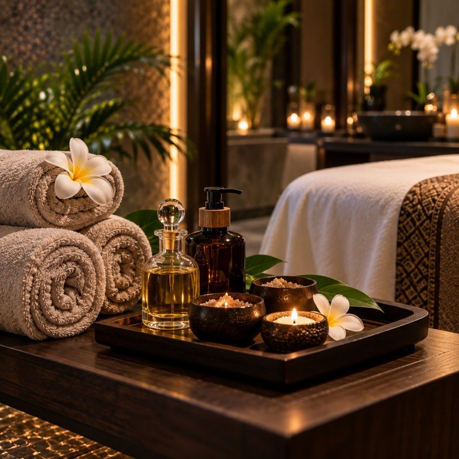 Oils, towels and candles prepared for a treatment
